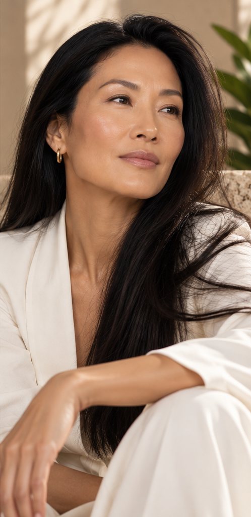 Woman with long, straight dark hair looking into the distance
